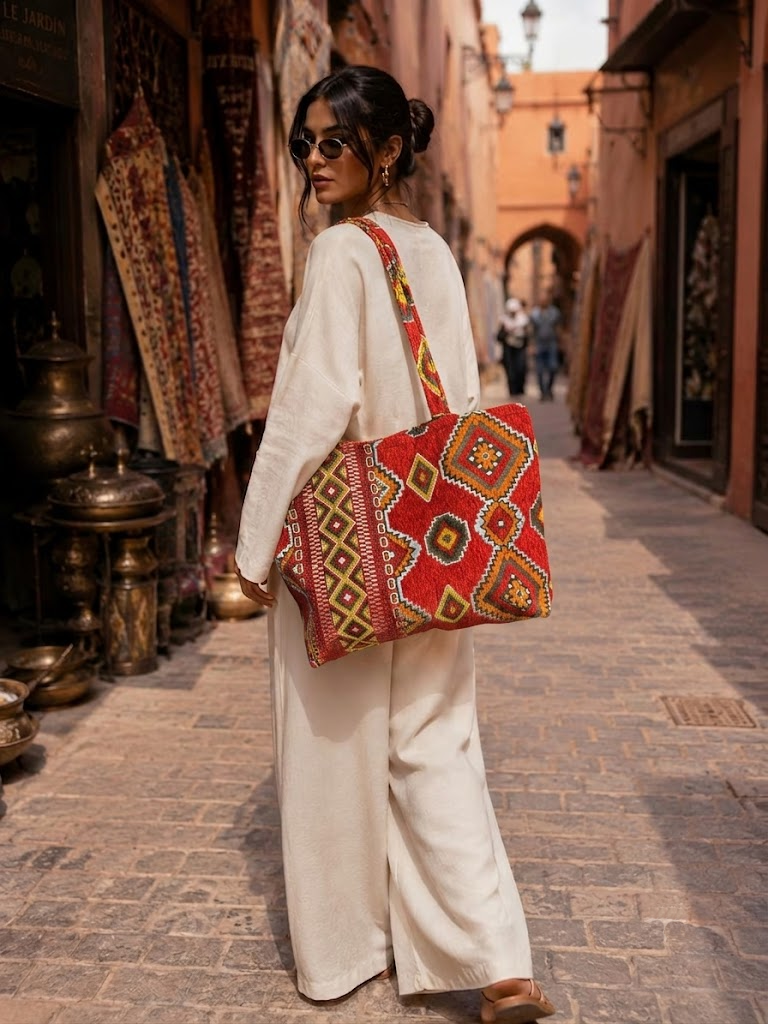 Handmade Berber Velvet Tote Bag – Large Moroccan Market Bag (60 × 50 cm)
